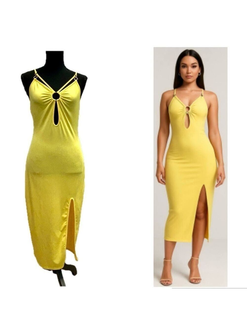 Forever 21 yellow spaghetti strap V-neck bodycon peep-hole midi dress front slit